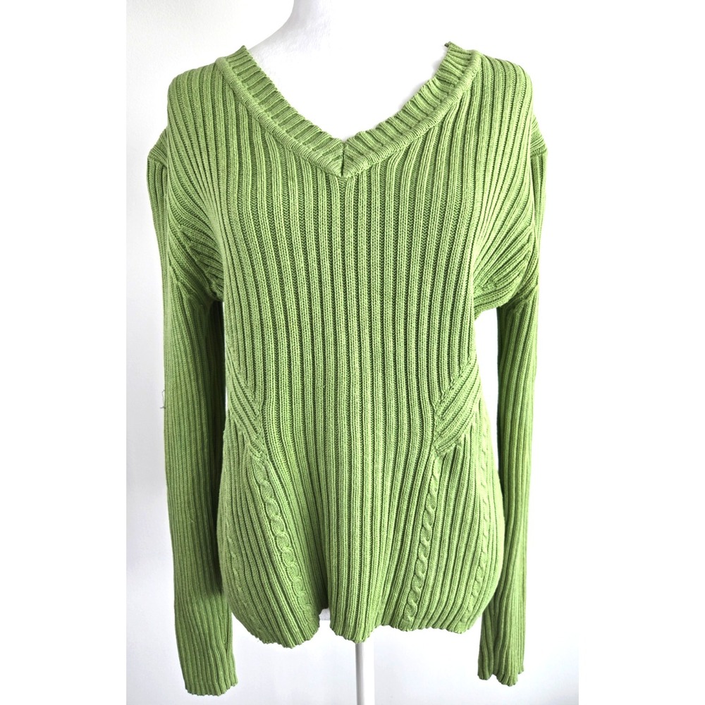 Vintage Jessica Sports Green Cotton V Neck Striped Cable Knit Sweater Sz Medium